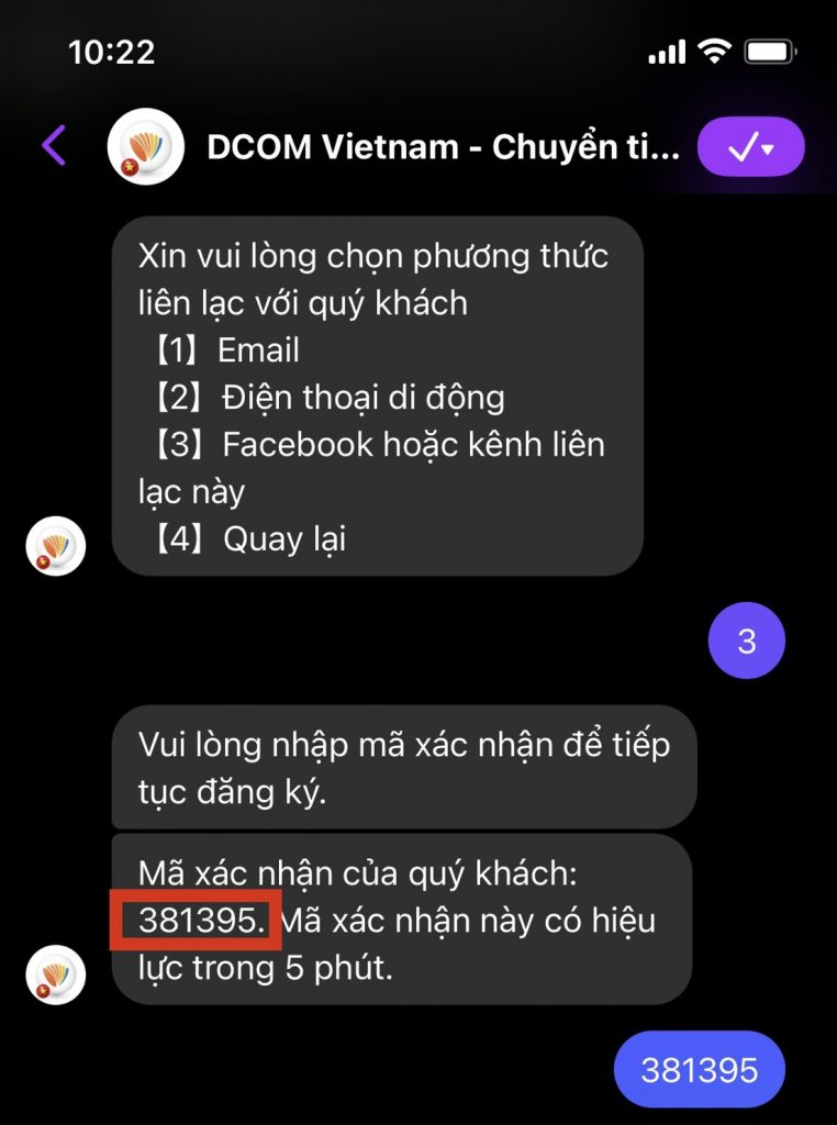 Bước 4: Sau khi DCOM gửi mã xác nhận đến tin nhắn Facebook/Messenger đến Quý khách --> Nhập lại mã 6 số này như ảnh dưới đây: