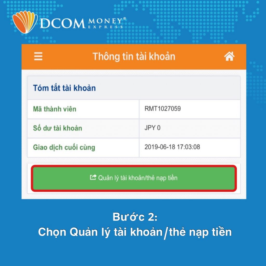 Bước 2: Chọn “Quản lý tài khoản/thẻ nạp tiền”