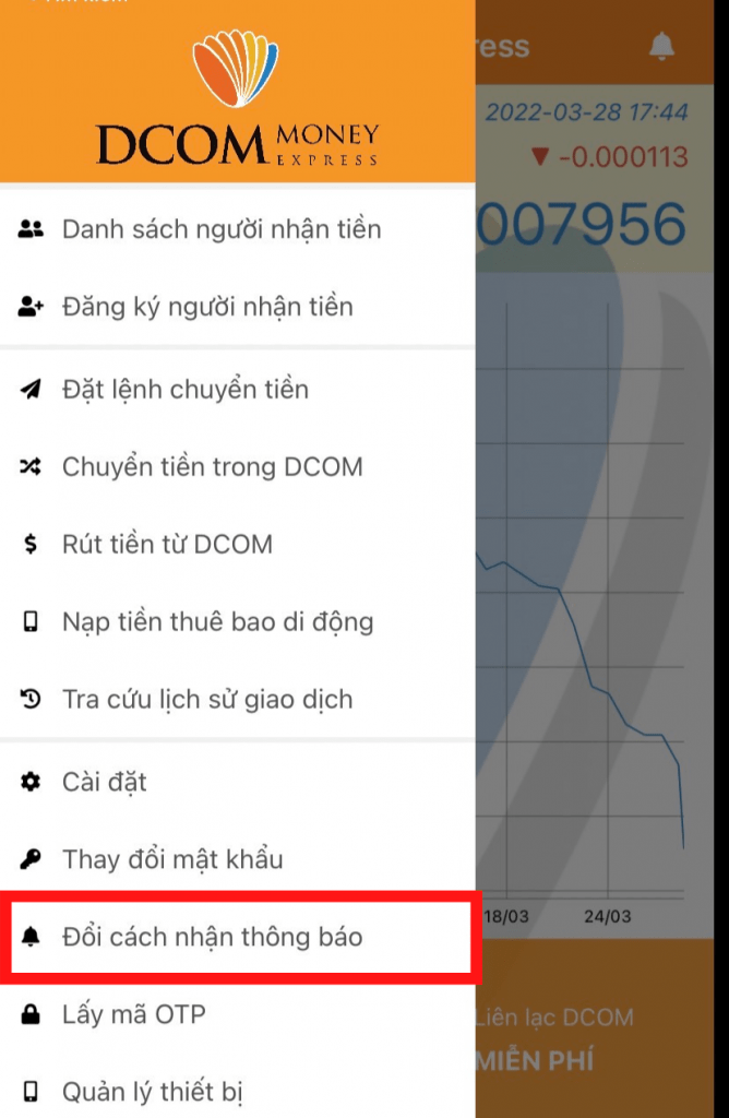Đăng nhập vào ứng dụng DCOM, bấm nút Menu ở góc trái màn hình, chọn "Đổi cách nhận thông báo"