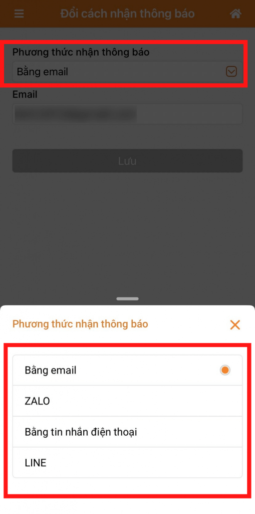 Ở mục Phương thức nhận thông báo, chọn phương thức tùy thích: Email, tin nhắn điện thoại, Zalo hoặc LINE.