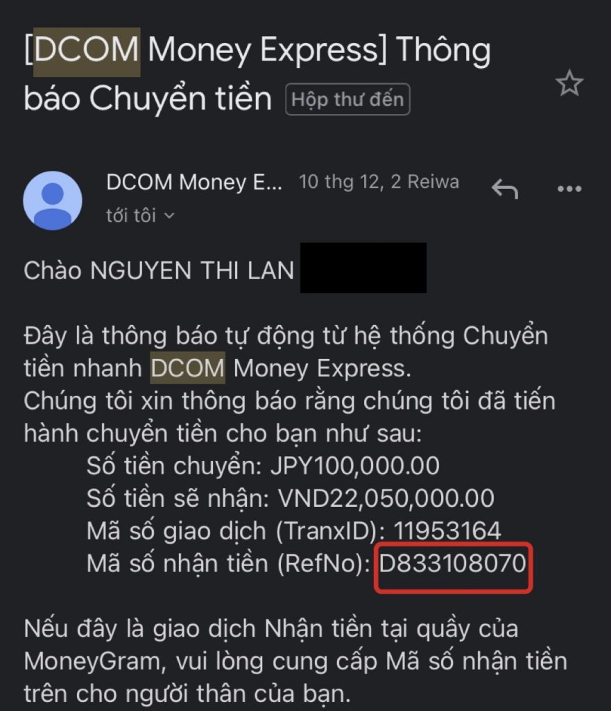 Gửi Mã Số Nhận Tiền cho người nhận tại Việt Nam.