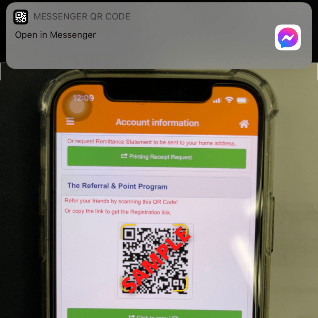 Scan your friend's QR code and you will be redirected to DCOM Money Express' messenger