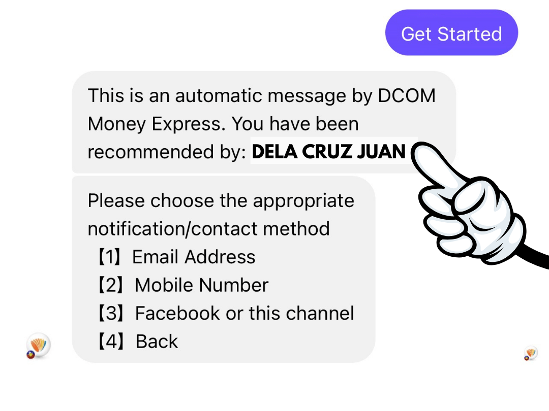 After pressing Get Started, double check if your friend's name will show up. After checking, choose your preferred Notification method. (We will send all notifications on your chosen method every time you use DCOM)