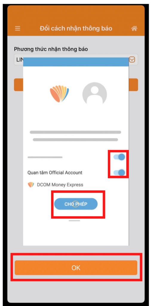 Nếu Quý khách chọn nhận thông báo bằng ZALO, vui lòng chọn Quan tâm DCOM và Cho phép để kết nối tài khoản ZALO.