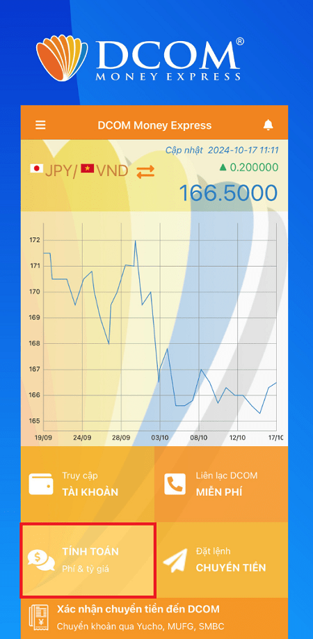 Mở ứng dụng DCOM. Tại màn hình chính, bạn bấm chọn “Tính toán phí và tỷ giá”.