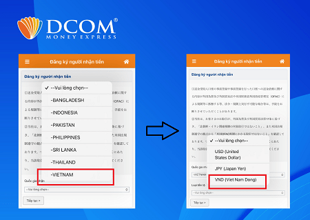 Ở phần “Quốc gia nhận”, bấm chọn Việt Nam, rồi nhấn “Tiếp tục”. Trong phần “Loại tiền tệ”, bấm chọn VND. 