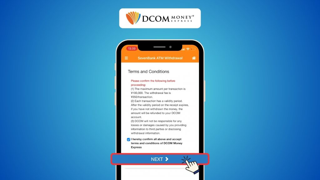 STEP 3 of how to withdraw money at 7Bank ATM using the new DCOM Card and DCOM App